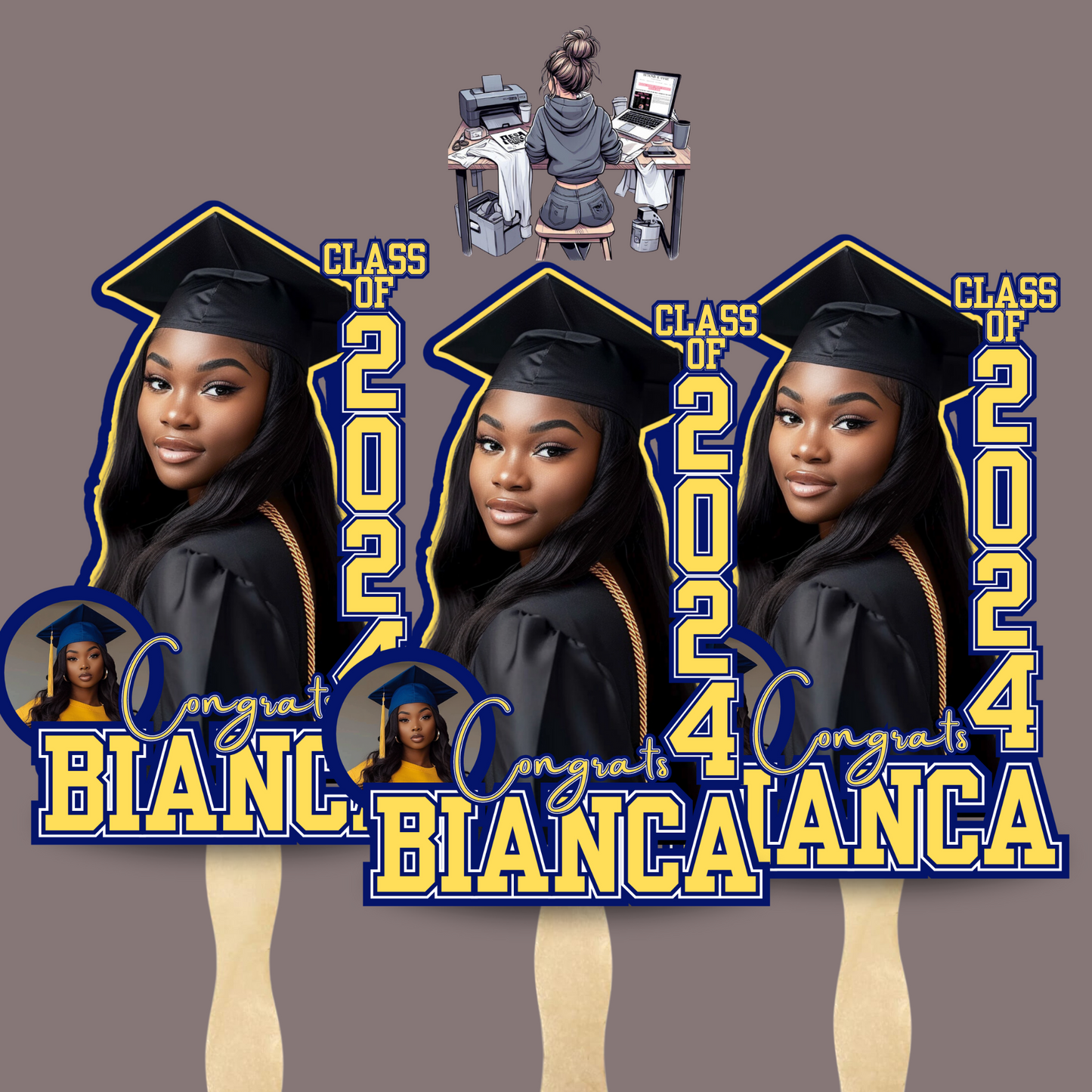 Custom Grad Fans, Graduation fans, Head on a Stick, Custom Face Fans w ...