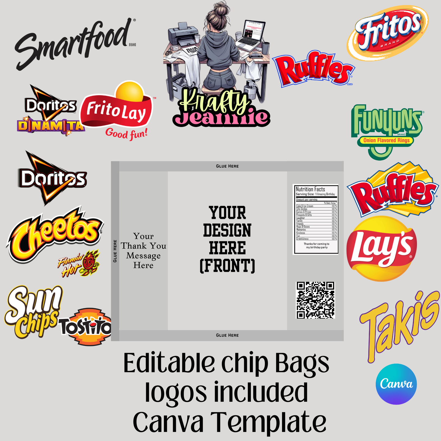 Editable chip Bags logos included Canva Template